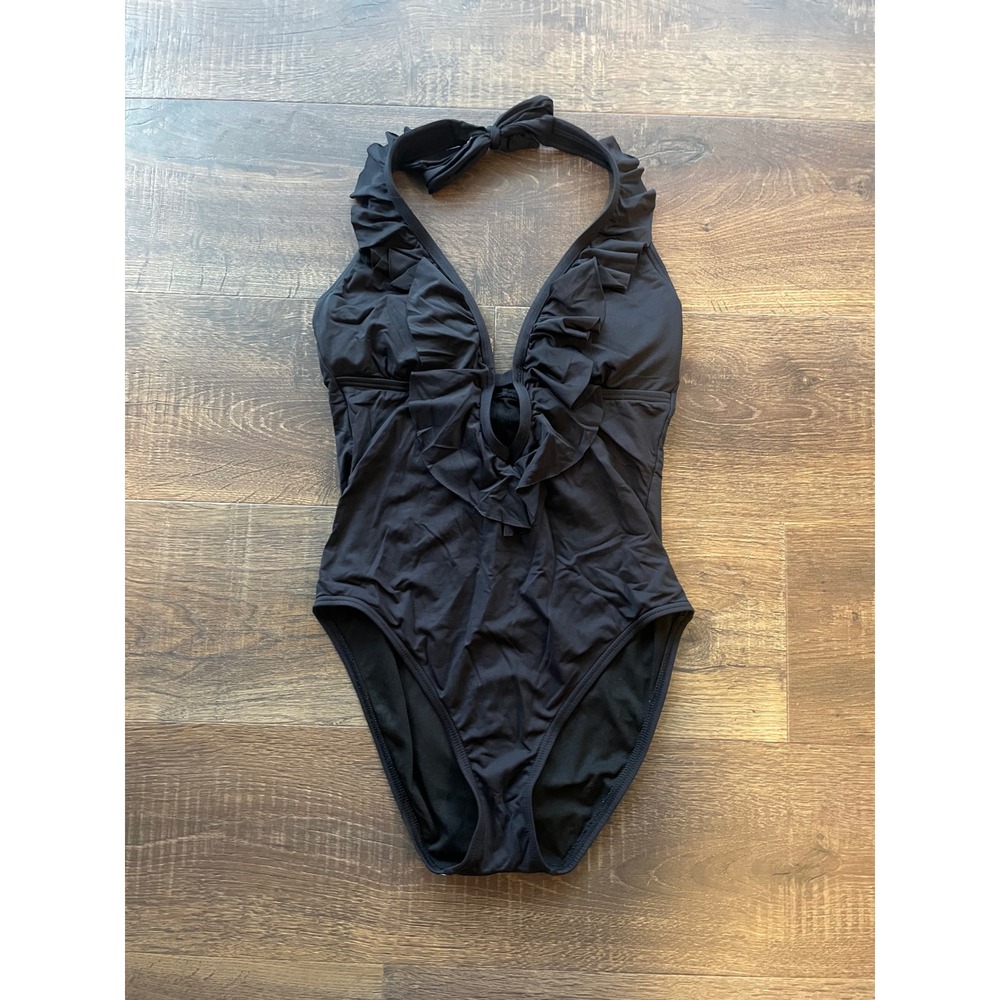 Reaction Kenneth Cole Deep Plunge Ruffle‎ Front Black One Piece Swim Suit